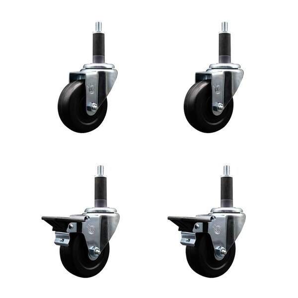 3.5'' Soft Rubber Wheel Swivel 1'' Expanding Stem Caster Set 2 Brakes, 4PK
